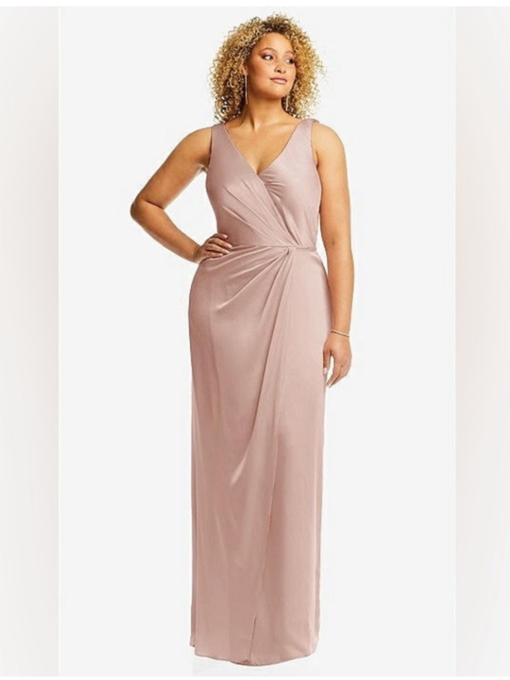 After Six Sleeveless Satin
Faux Wrap Gown in Toasted Sugar. Size 18